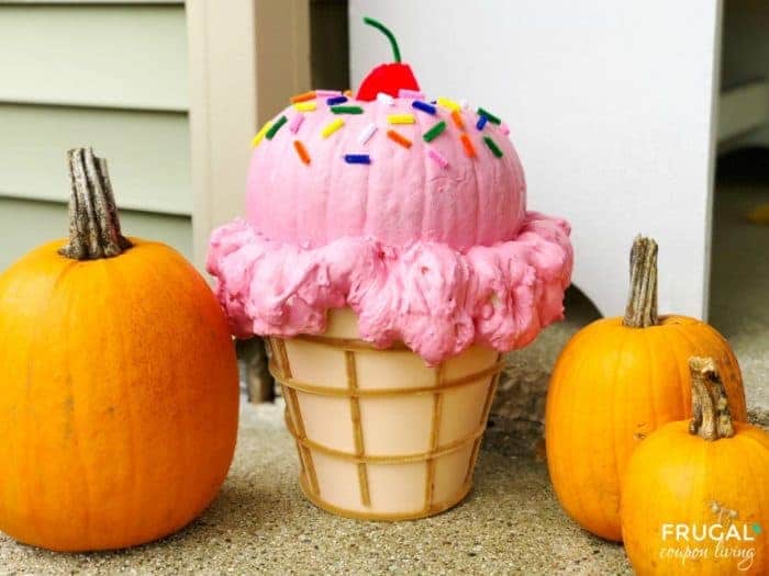 pumpkin decorated to look like an ice cream cone