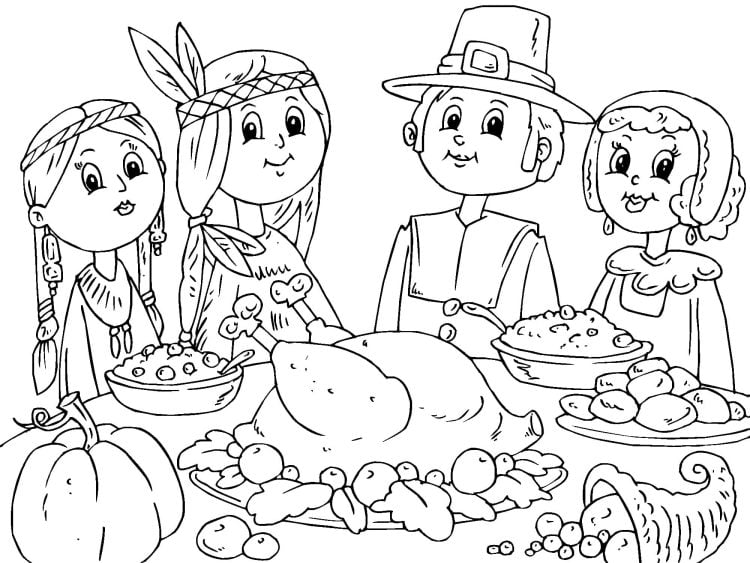 first thanksgiving native american and pilgrim coloring page