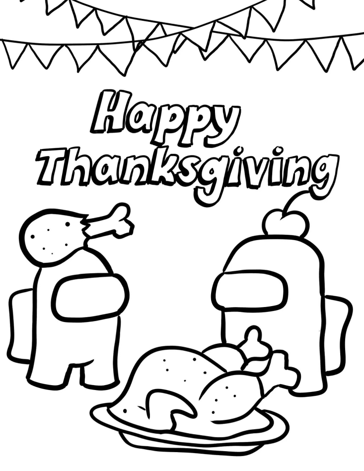 Among Us thanksgiving coloring page that reads "Happy Thanksgiving"