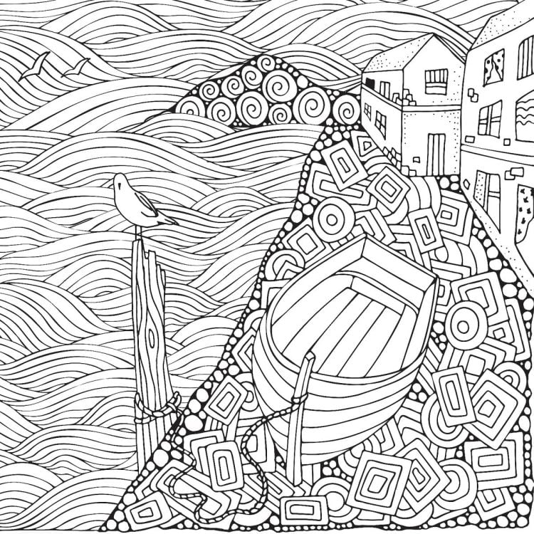 scenic sea town coloring page