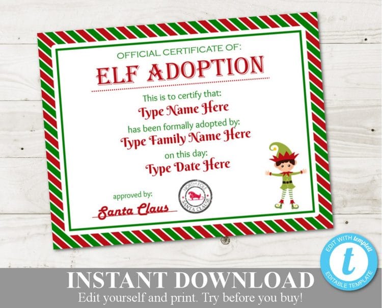 Elf adoption certificate graphic with green and red striped border