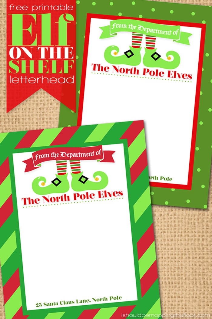 Printable North Pole Elves letterhead with green and red striped background