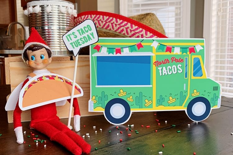 Printable green north pole themed taco truck and taco prop for elf on the shelf
