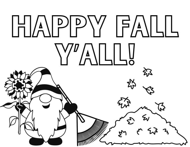 Happy Fall Y'all gnome seasonal holiday printable coloring page