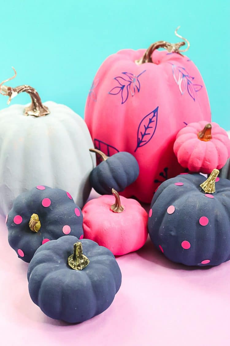 pumpkins painted in various colors with tiny stencil decorations