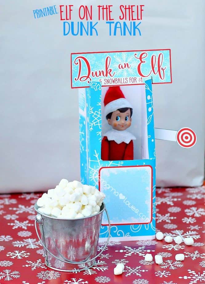 Dunk an elf printable elf on the shelf setting with marshmallows in bucket
