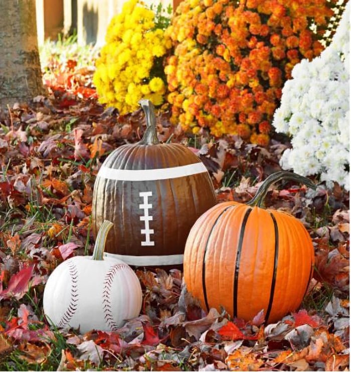 sports ball painted pumpkins in yard