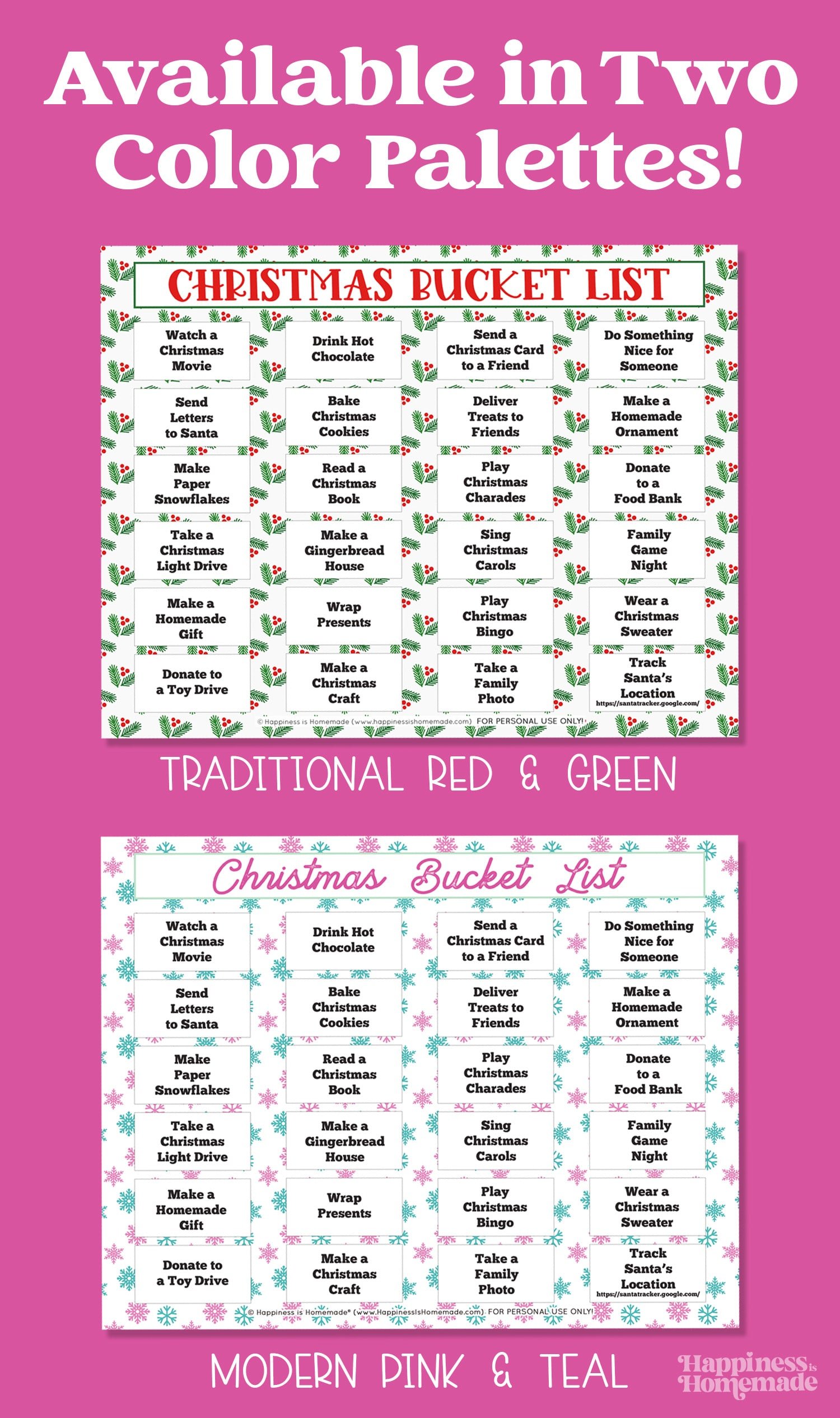 Graphic: Christmas Bucket List Printable in two color ways - red/green and pink/teal