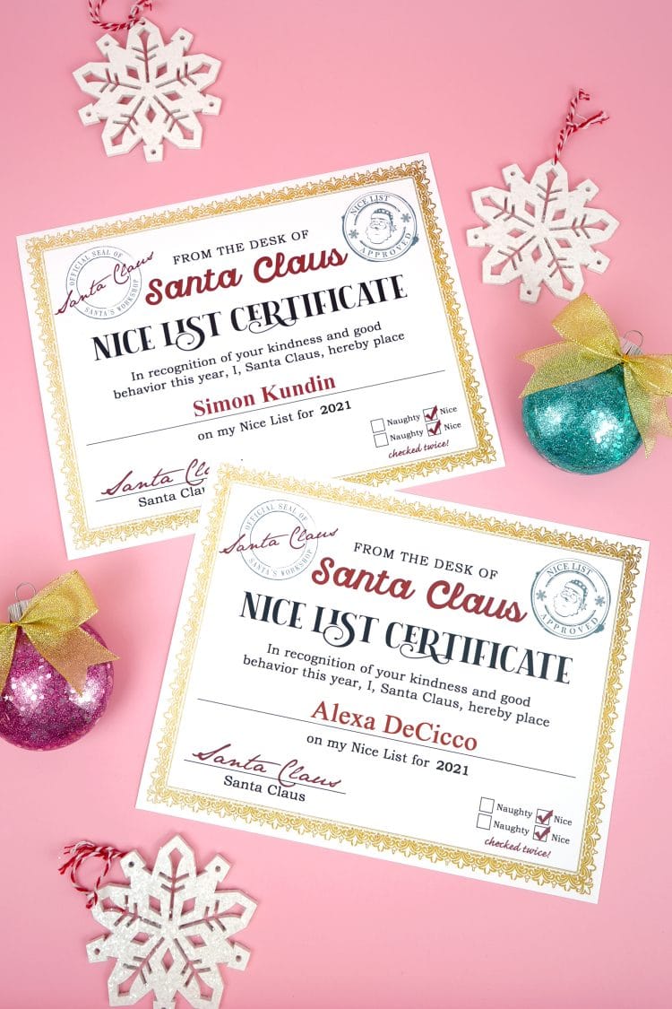 free printable santas nice list certificate