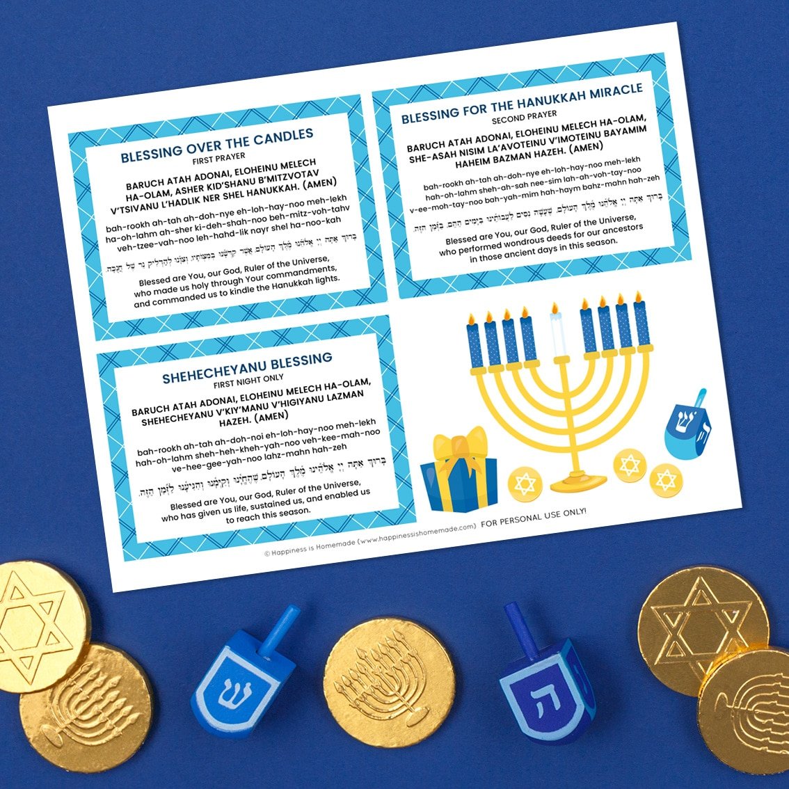 Printable Hanukkah blessings prayer cards on dark blue background with gelt and dreidels
