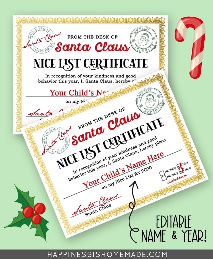 Free printable Santa's nice list certificate graphic on green background with holly leaves and candy cane
