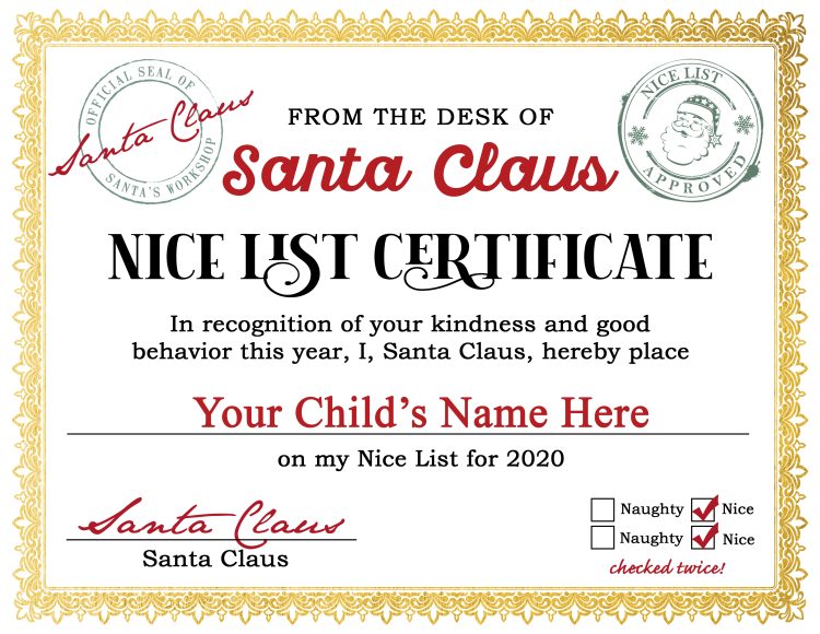 Free Printable Santa\'s Nice List Certificate