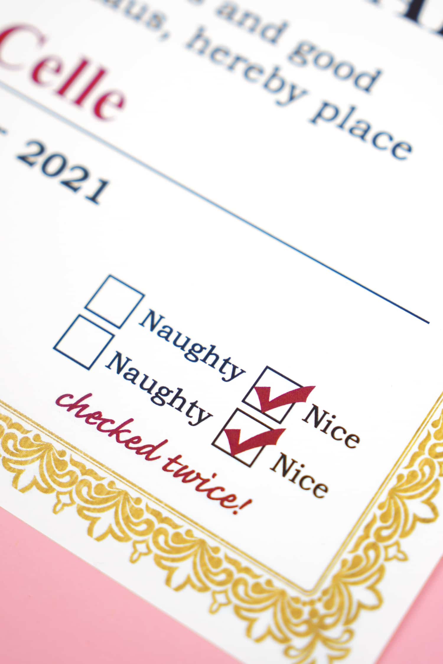 Close up of Santa's Nice list printable certificate with "Checked Twice" and two "Nice" checkboxes marked off