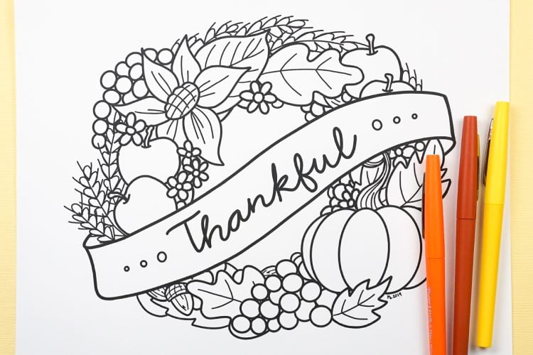 thankful banner thanksgiving coloring page with colored markers