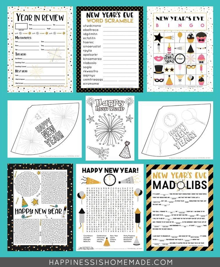 collage of printable new years activities and games