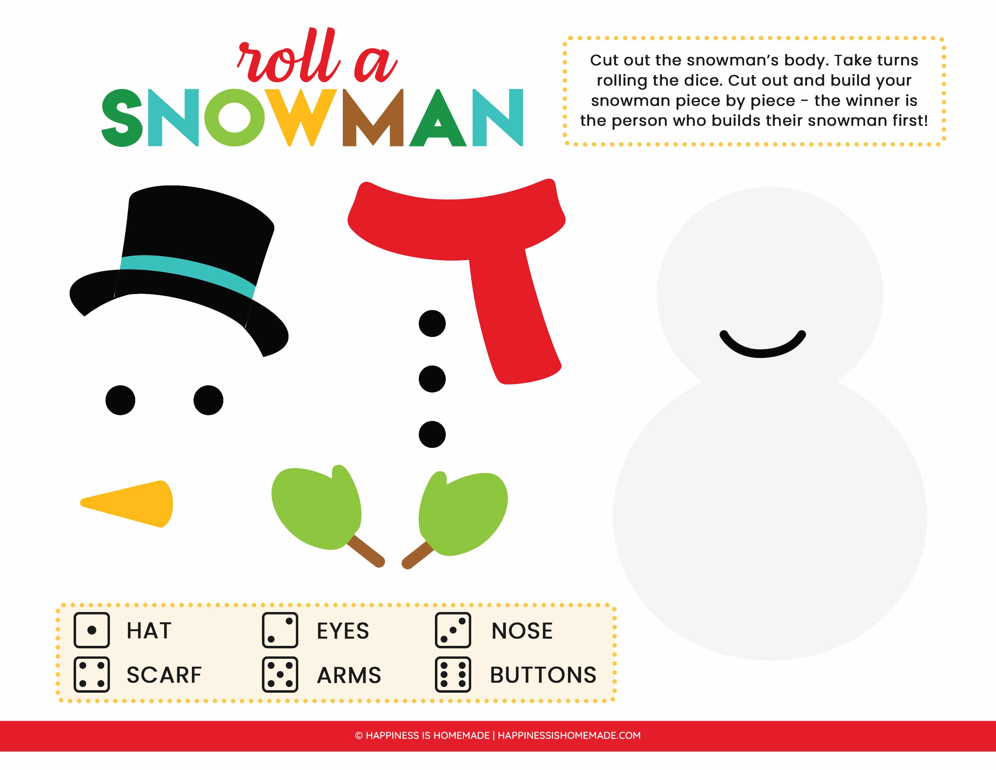 printable roll a snowman game with cut out instructions