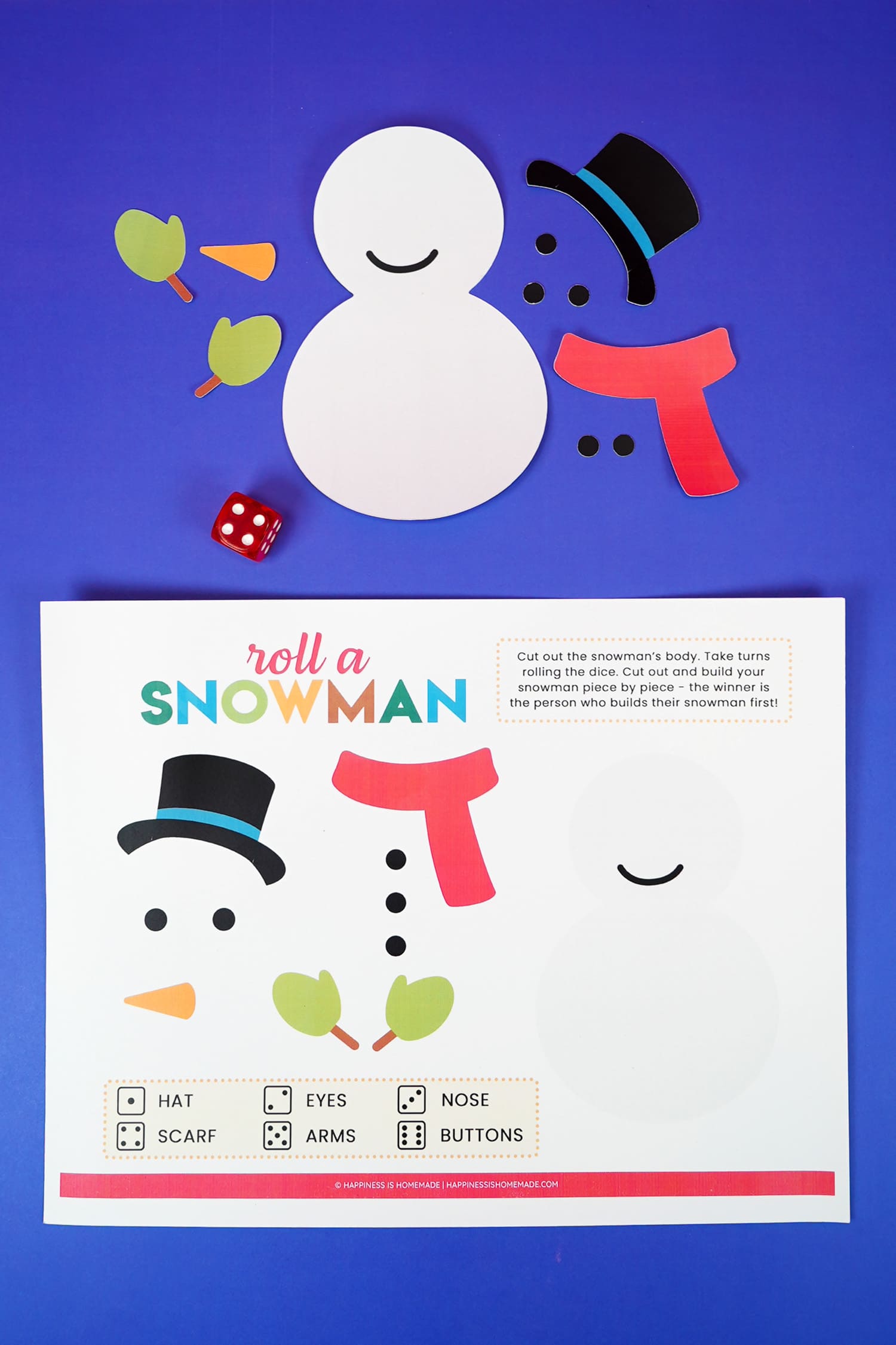 roll a snowman printable and cut out snowman pieces