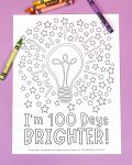 "100 Days Brighter" printable coloring page on purple background with crayons