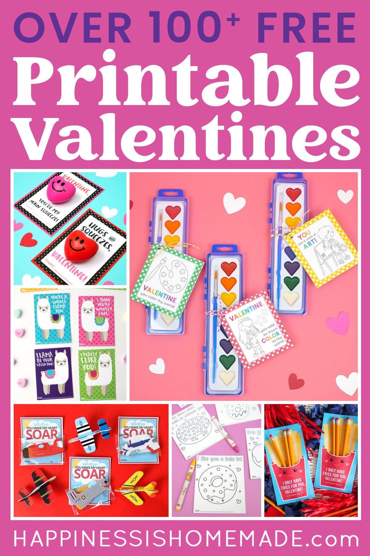 "Over 100+ Free Printable Valentines" graphic with collage of sample free Valentine's Day Cards