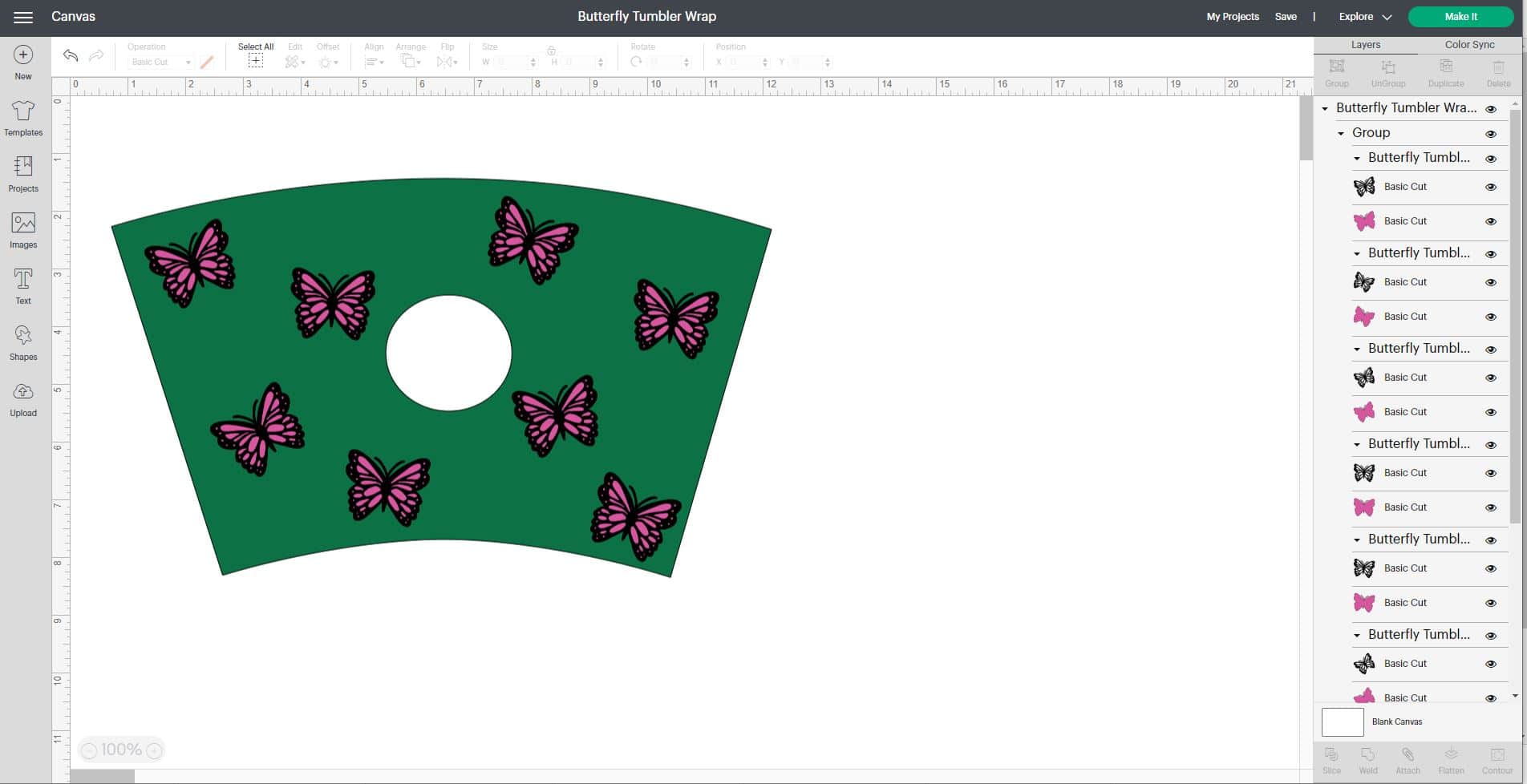 Cricut Design Space software screenshot of butterfly wrap
