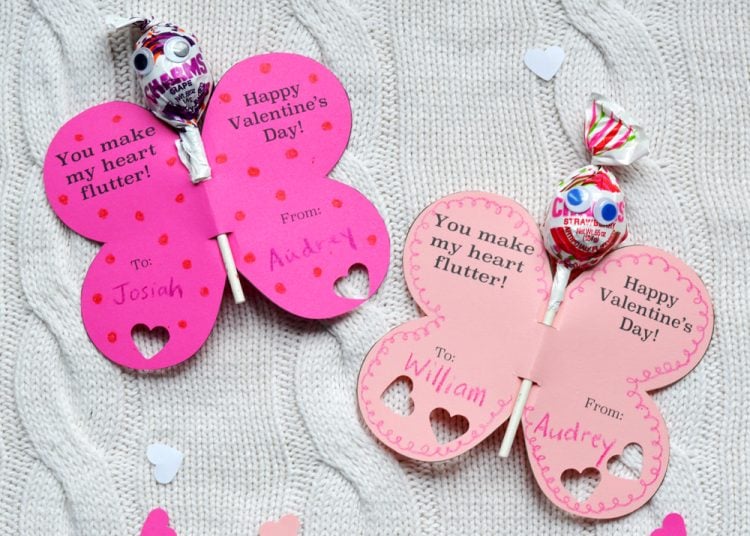 butterfly shaped valentine cards with lollipops