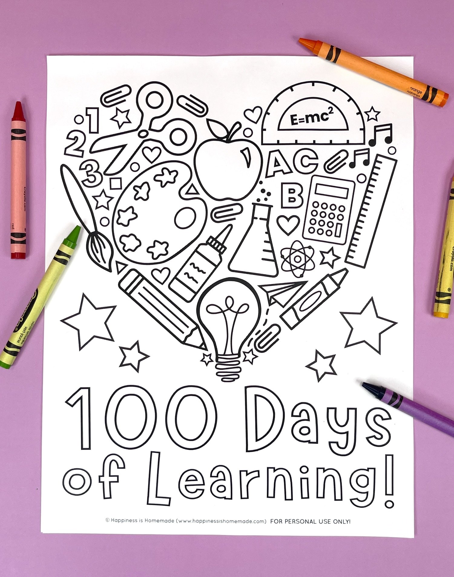 "100 Days of Learning" printable coloring page on purple background with crayons