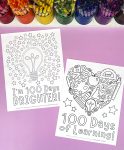 Two free printable 100 Days of School coloring pages on purple background with rainbow crayon organizer
