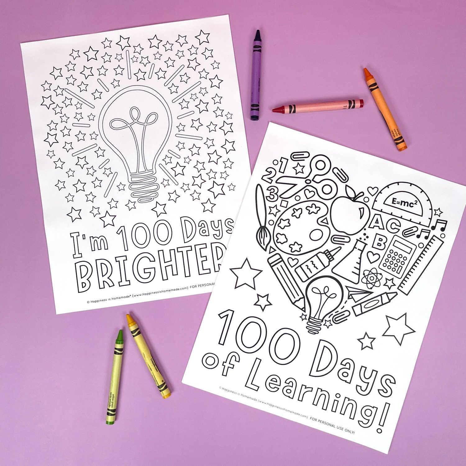 Two free printable 100 Days of School coloring pages on purple background with crayons