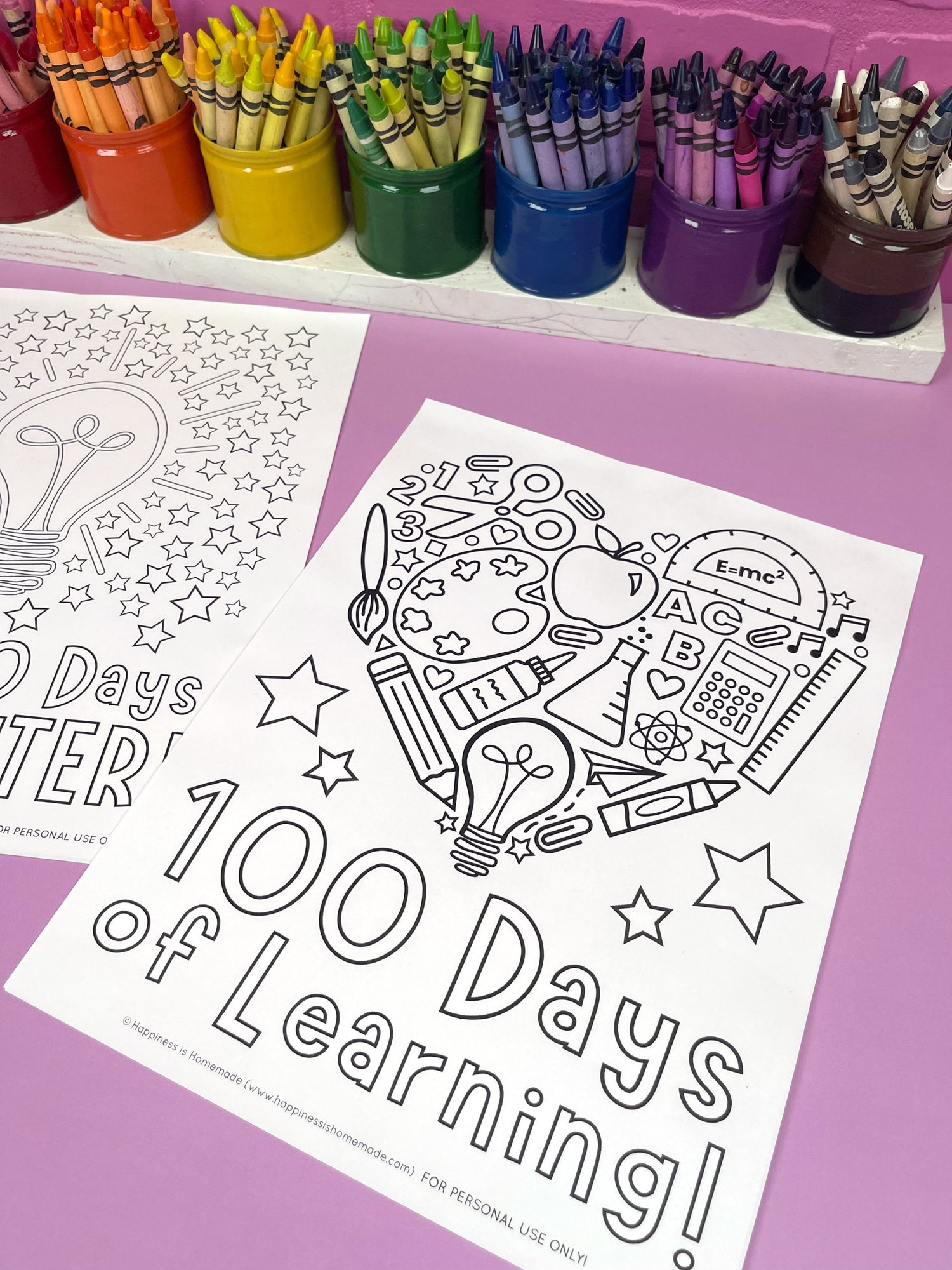 Free printable 100 Days of Learning coloring page on a lilac background with rainbow crayon organizer