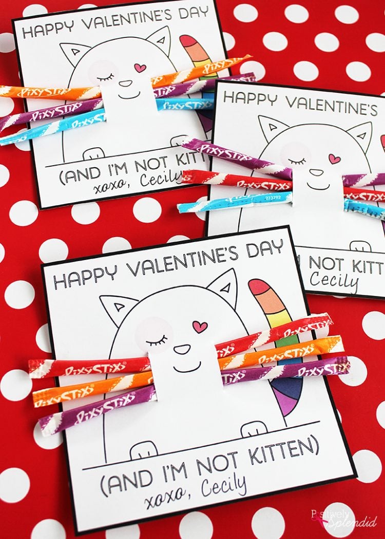 printable kitten coloring valentines with pixie stix candy