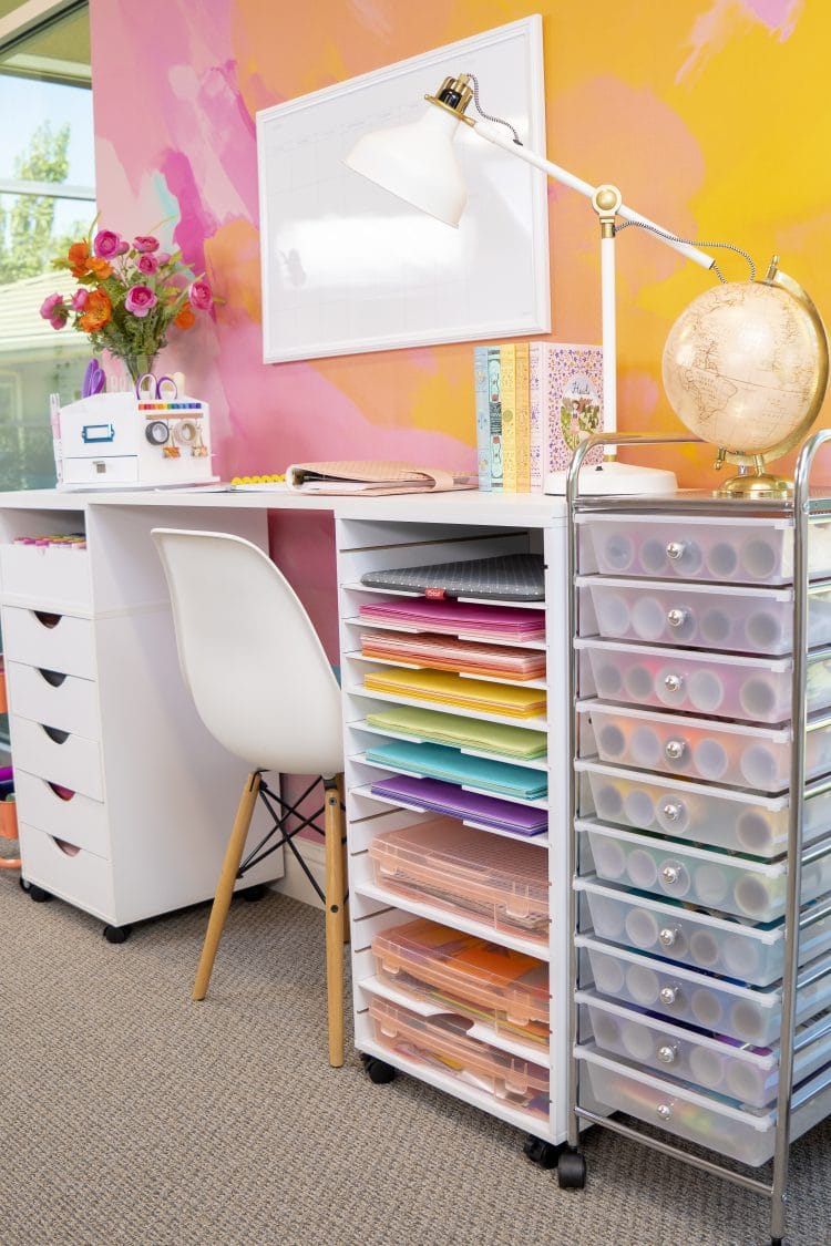 office desk space organized craft materials in view