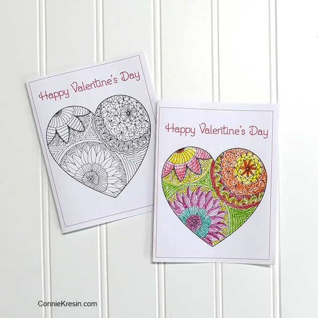 two printable coloring valentine cards with one colored in