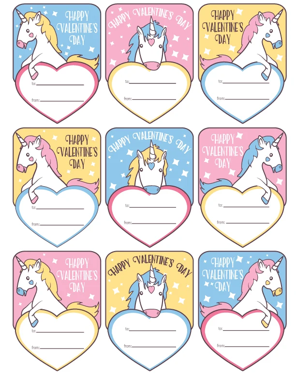 printable unicorn valentine cards for girls and boys