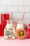 "I like you a waffle lot" and waffle sugar cookies with glass milk bottles and heart straws