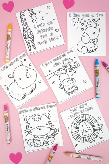 Printable Valentine's Day cards with jungle animals on light pink background with hearts and crayons