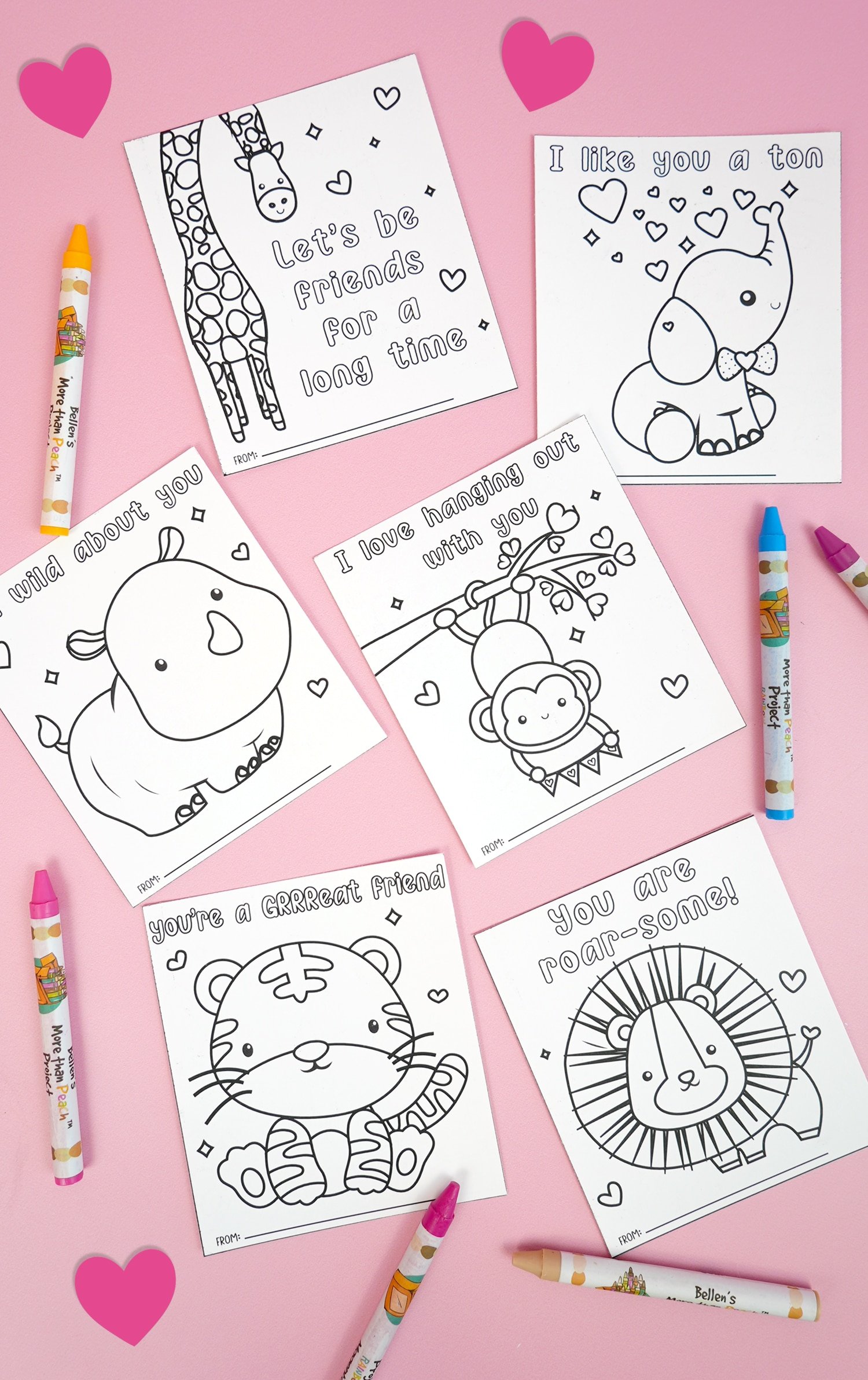 Printable Valentine's Day cards with jungle animals on light pink background with hearts and crayons