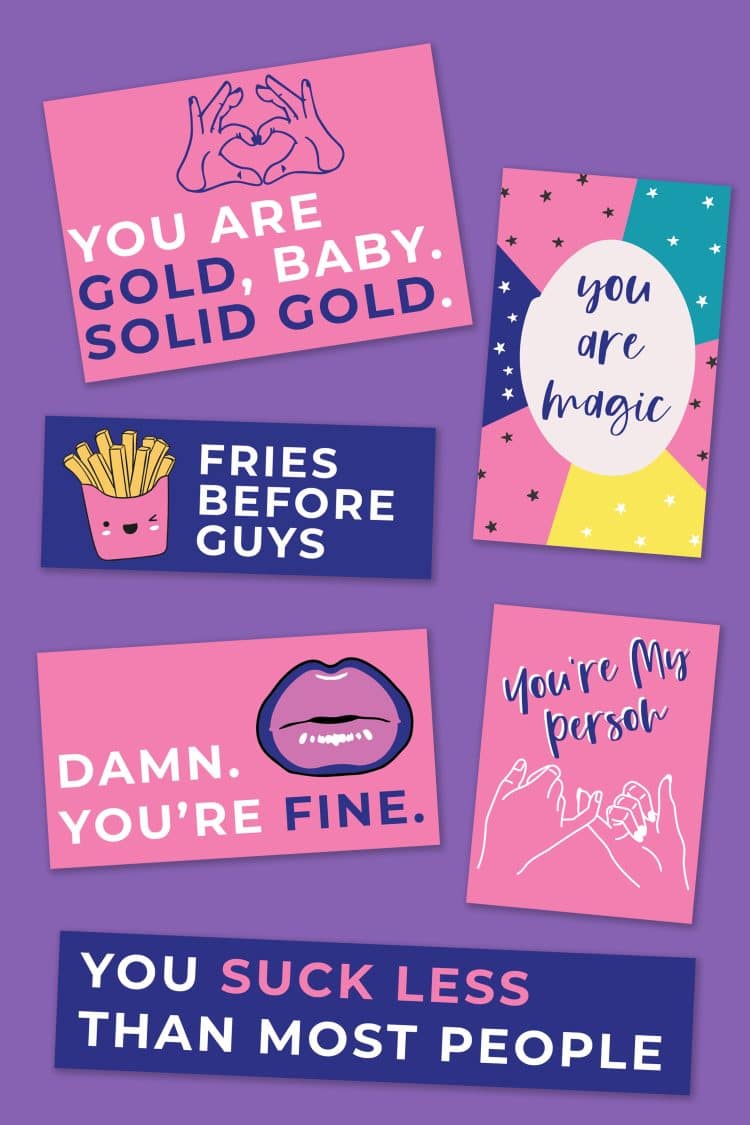printable galentines day cards on purple background