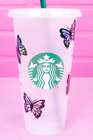 Butterfly SVG file design with holographic butterflies on Starbucks tumbler wrap