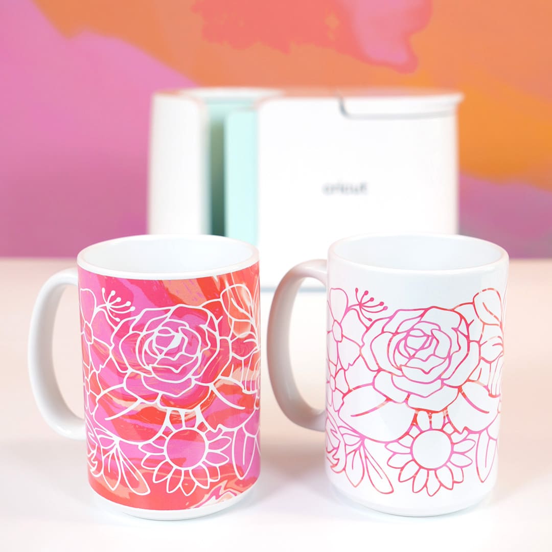 two completed mugs finished using cricut easy mug press