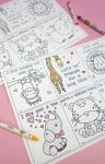 Valentine coloring cards with jungle animals on pink background with crayons