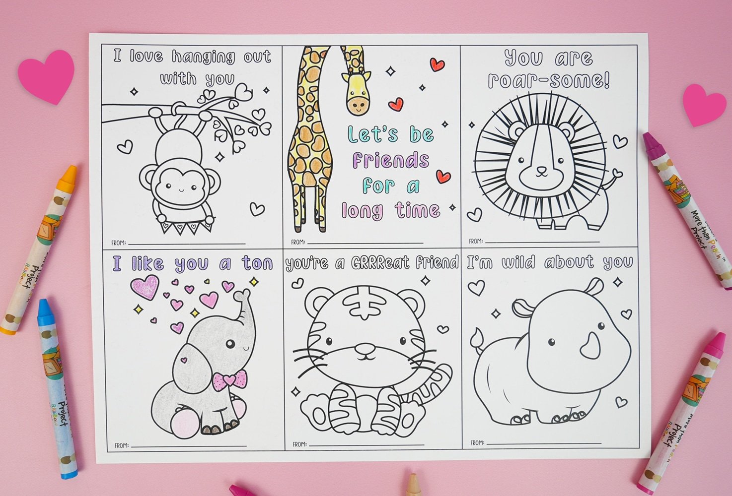 Jungle animals coloring valentine cards on pink background with hearts and crayons