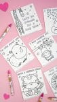 Jungle coloring valentine cards on pink background with hearts and crayons