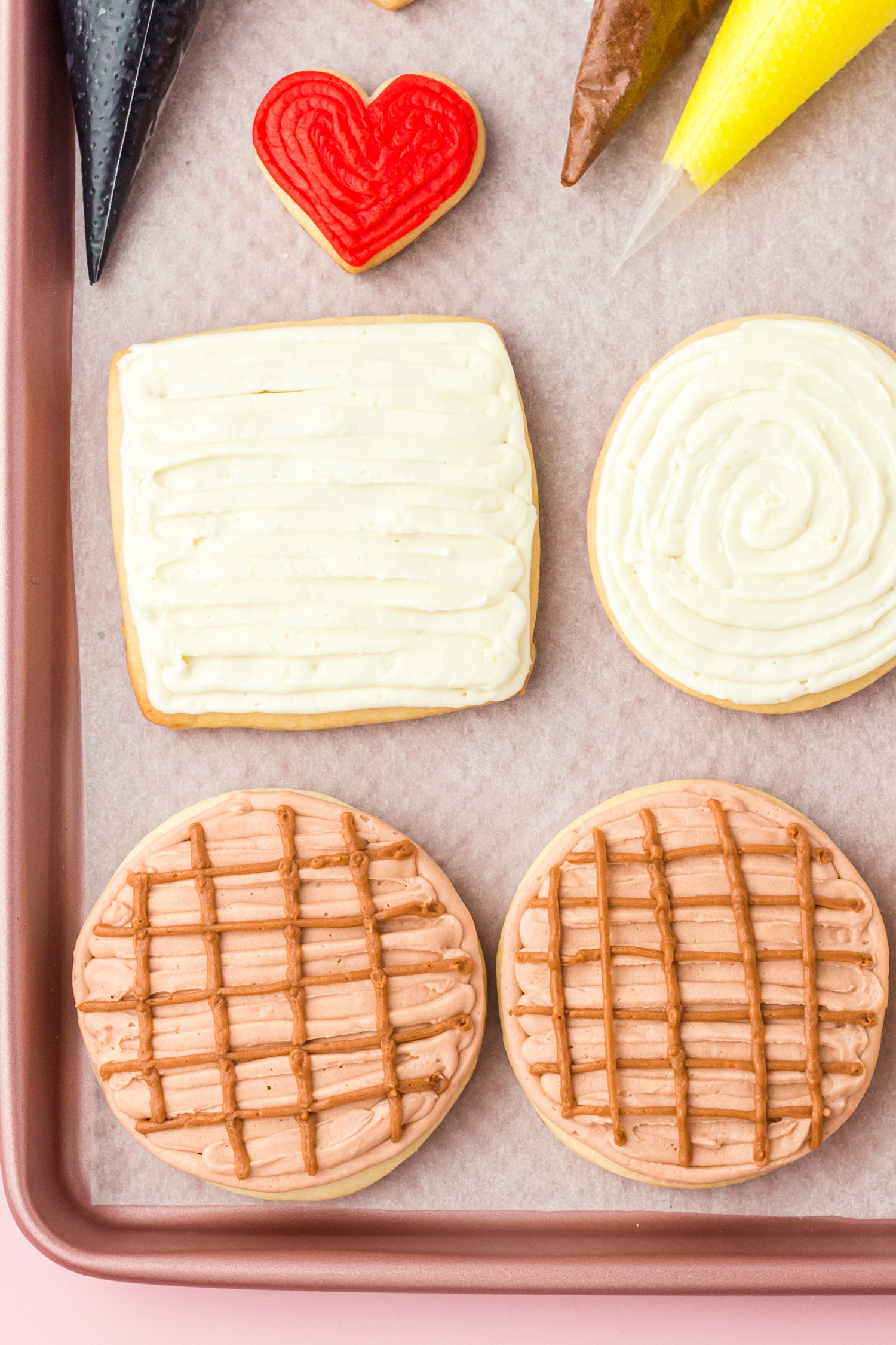 Close up of sugar cookie icing technique and piping bags