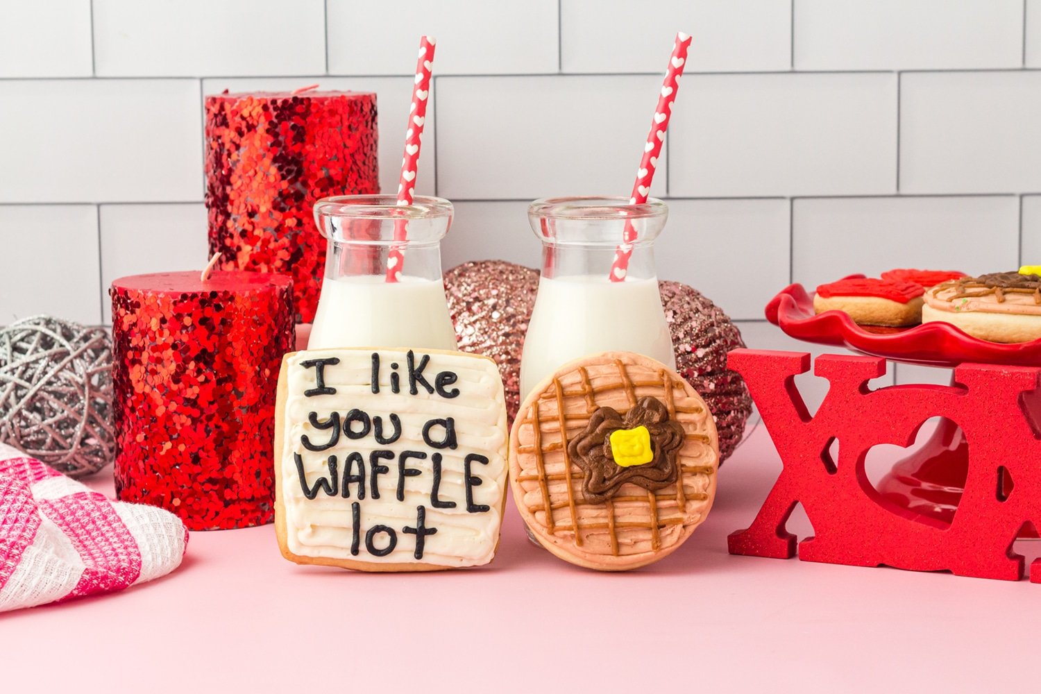 "I like you a waffle lot" and waffle sugar cookies with two small bottles of milk