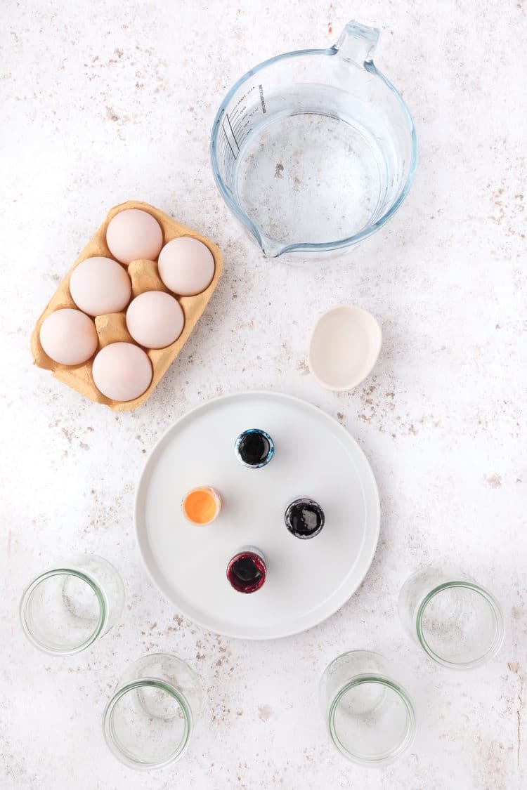 easter egg dying ingredients laid out on table