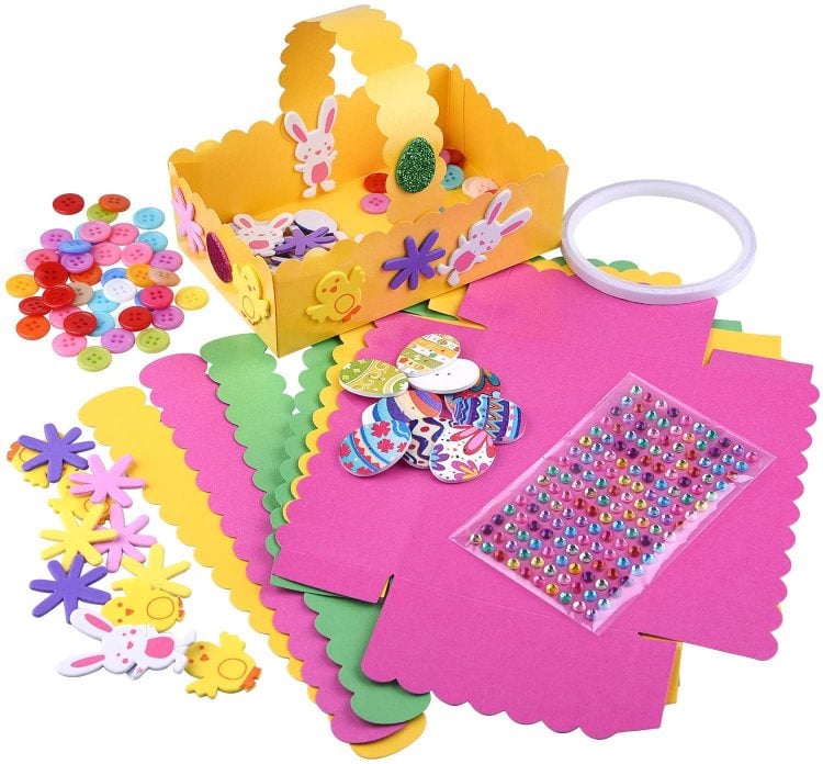 supplies for easter craft kits displayed on table