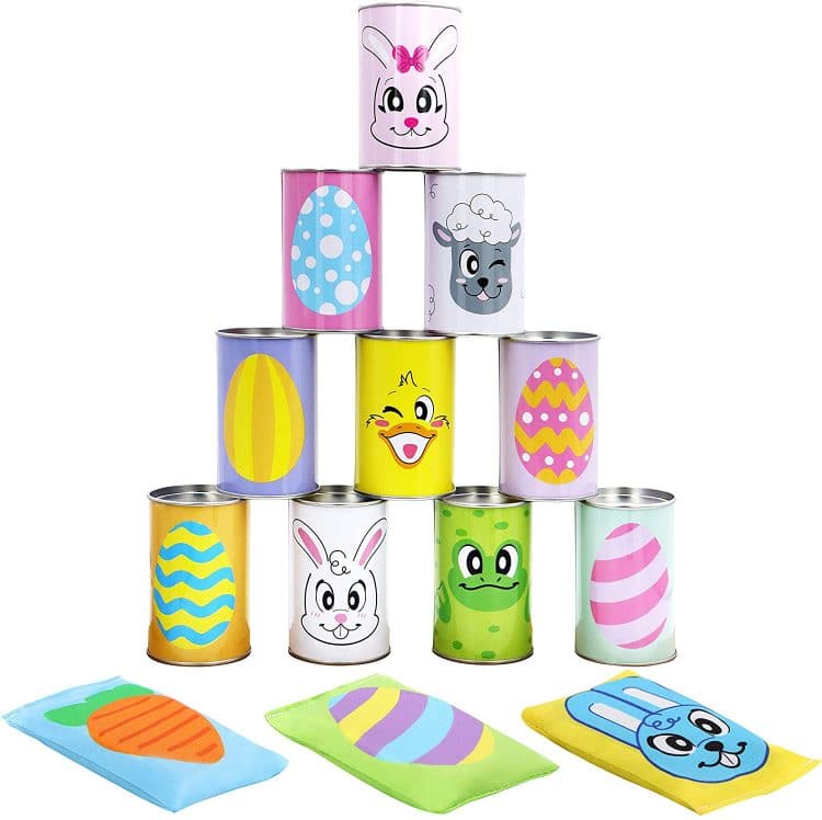 tin cans decorated with easter themed animals and eggs 