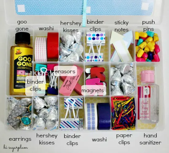 organizer with various office supplies and candy