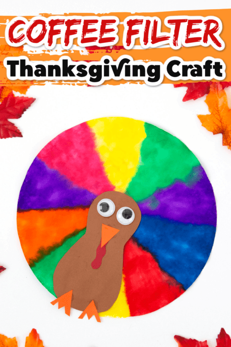 Multi-colored dyed coffee filter with paper turkey face in center.  