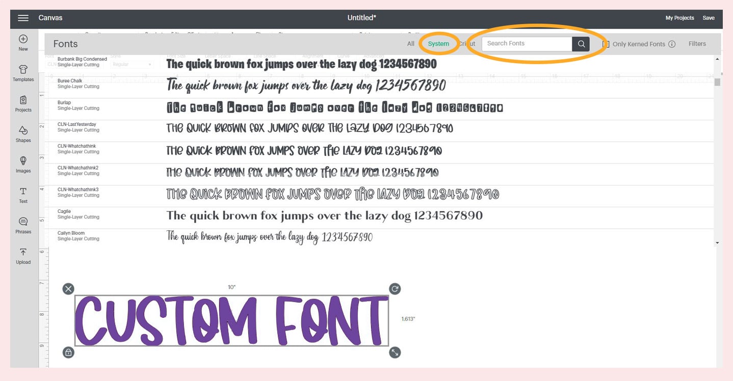 screenshot depicting custom font in cricut design space software